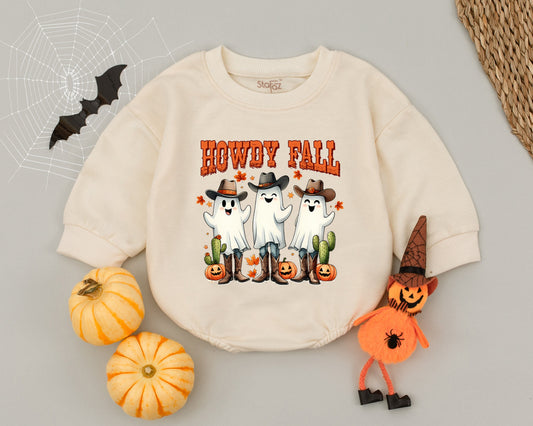 Retro Western Pumpkin Ghoul Baby Romper - First Halloween Outfit