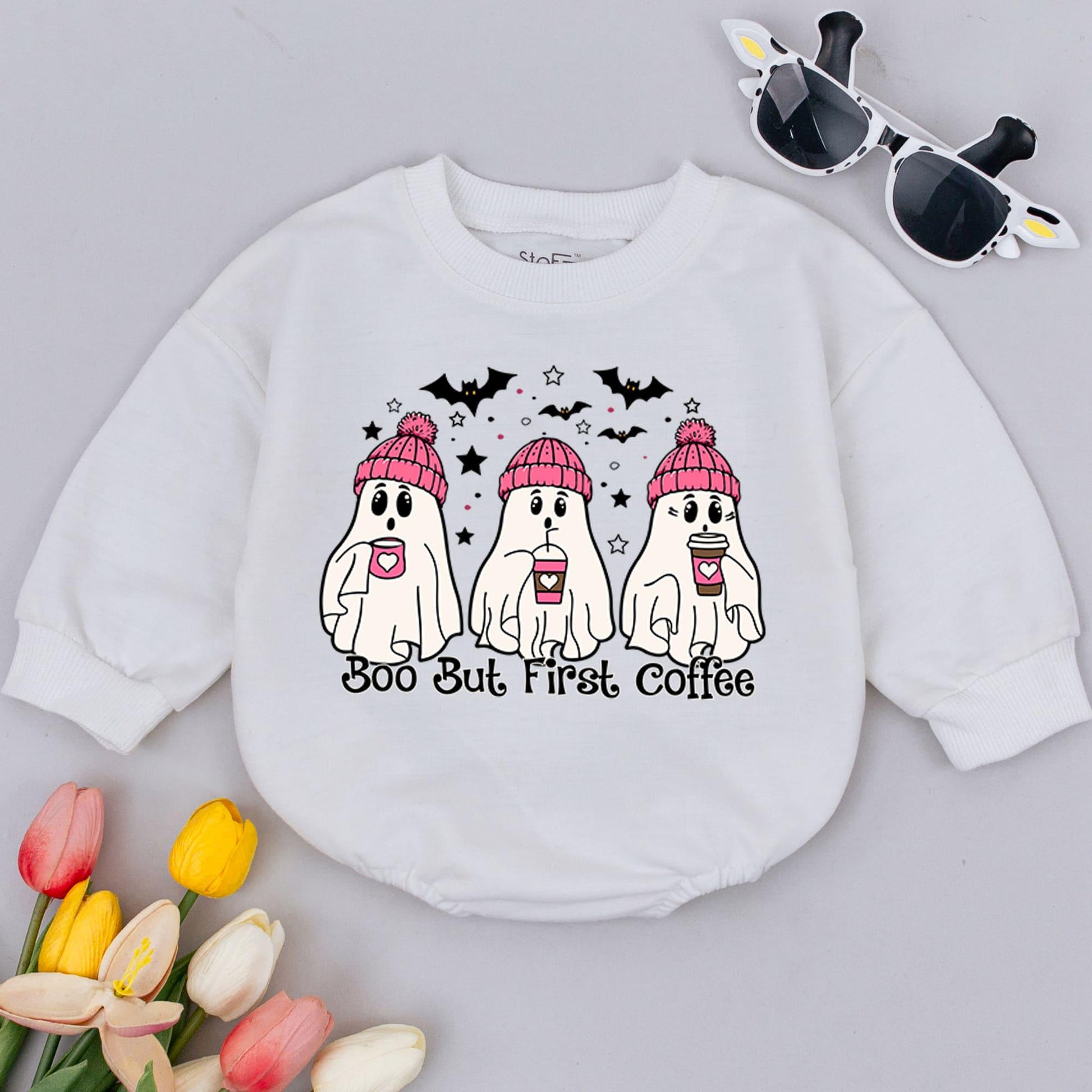 Pink Ghost Coffee Halloween Romper – Cute Fall Baby Bodysuit