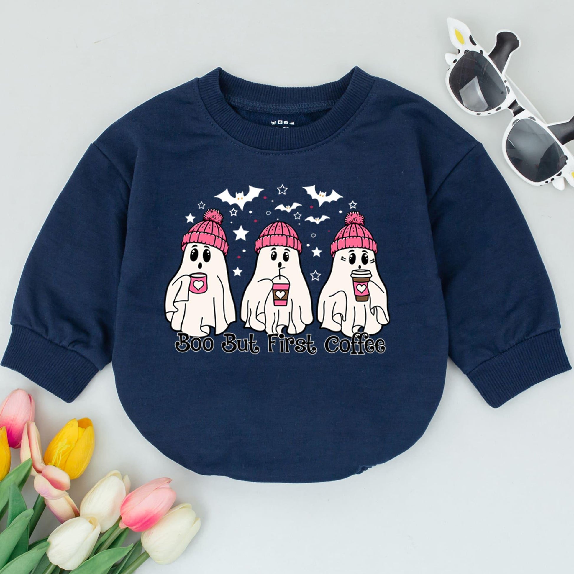 Boo But First Coffee Ghost Baby Romper Cute Halloween Outfit for Infant Girl or Boy Soft Cotton Fall Bodysuit Pink Hats Bats Stars 1st Halloween 138 chars