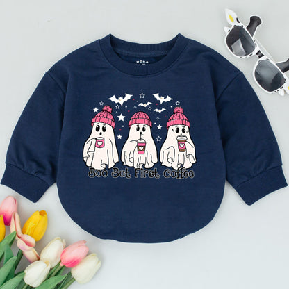 Boo But First Coffee Ghost Baby Romper Cute Halloween Outfit for Infant Girl or Boy Soft Cotton Fall Bodysuit Pink Hats Bats Stars 1st Halloween 138 chars
