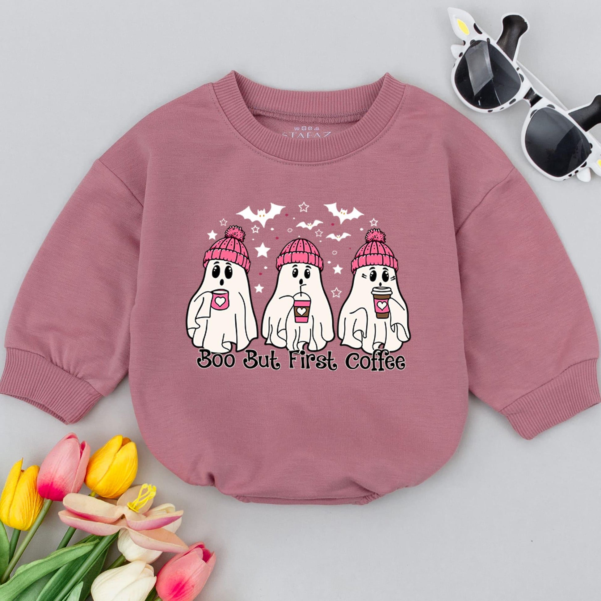 Pink Ghost Coffee Halloween Romper – Cute Fall Baby Bodysuit