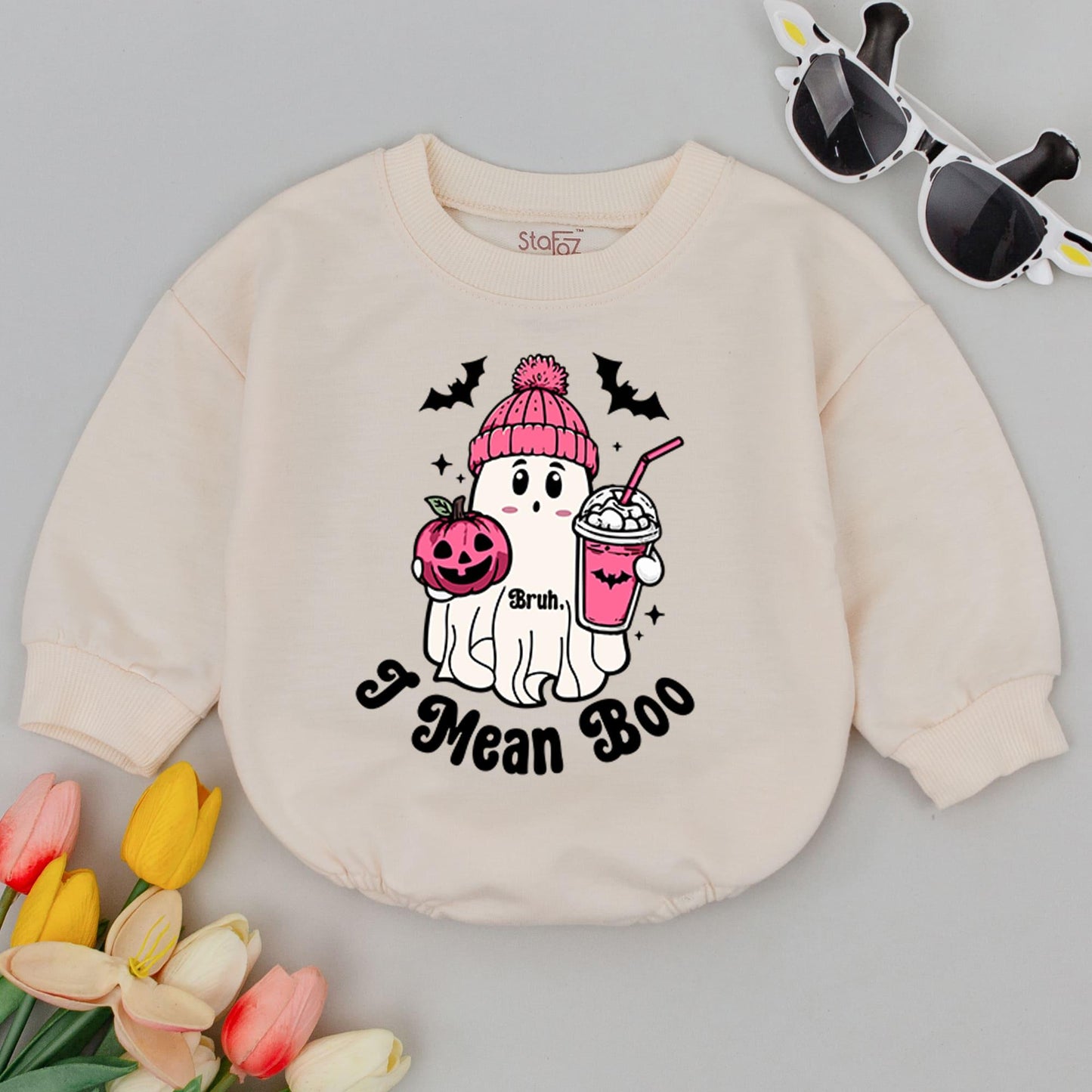 Funny Cute Ghost Bruh I Mean Boo Halloween Baby Romper Pink Hat Pumpkin Milkshake Bats Infant Bodysuit Soft Fall Outfit
