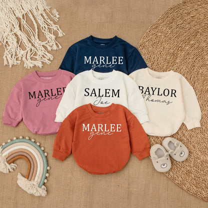 Oversized Custom Name Baby Romper Bubble Romper Modern Blue Baby Sweatshirt with Bold & Cursive Text Personalized Gift for Infants