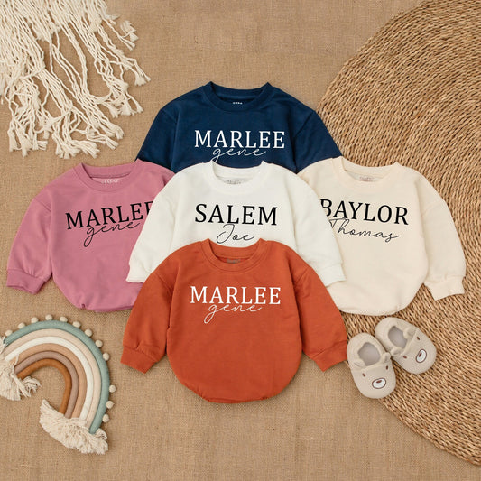 Oversized Custom Name Baby Romper Bubble Romper Modern Blue Baby Sweatshirt with Bold & Cursive Text Personalized Gift for Infants