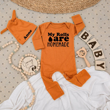My Rolls Are HOMEMADE Baby Bodysuit Anne Hat Set Minimalist Newborn Gift Going Home Outfit Gender Neutral Cute Baby Announcement Thanksgiving Shower Clothes