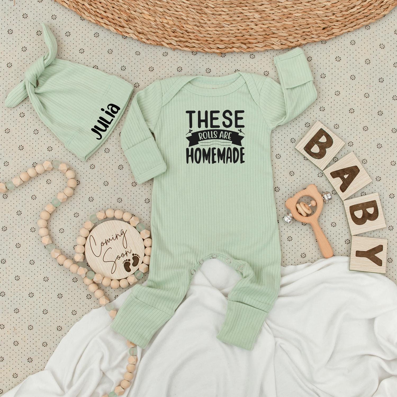 Personalized These Rolls Are Homemade Baby Bodysuit & Hat Set Julia Name Newborn Coming Home Outfit Gift Cute Announcement Soft Cotton Unisex Clothes