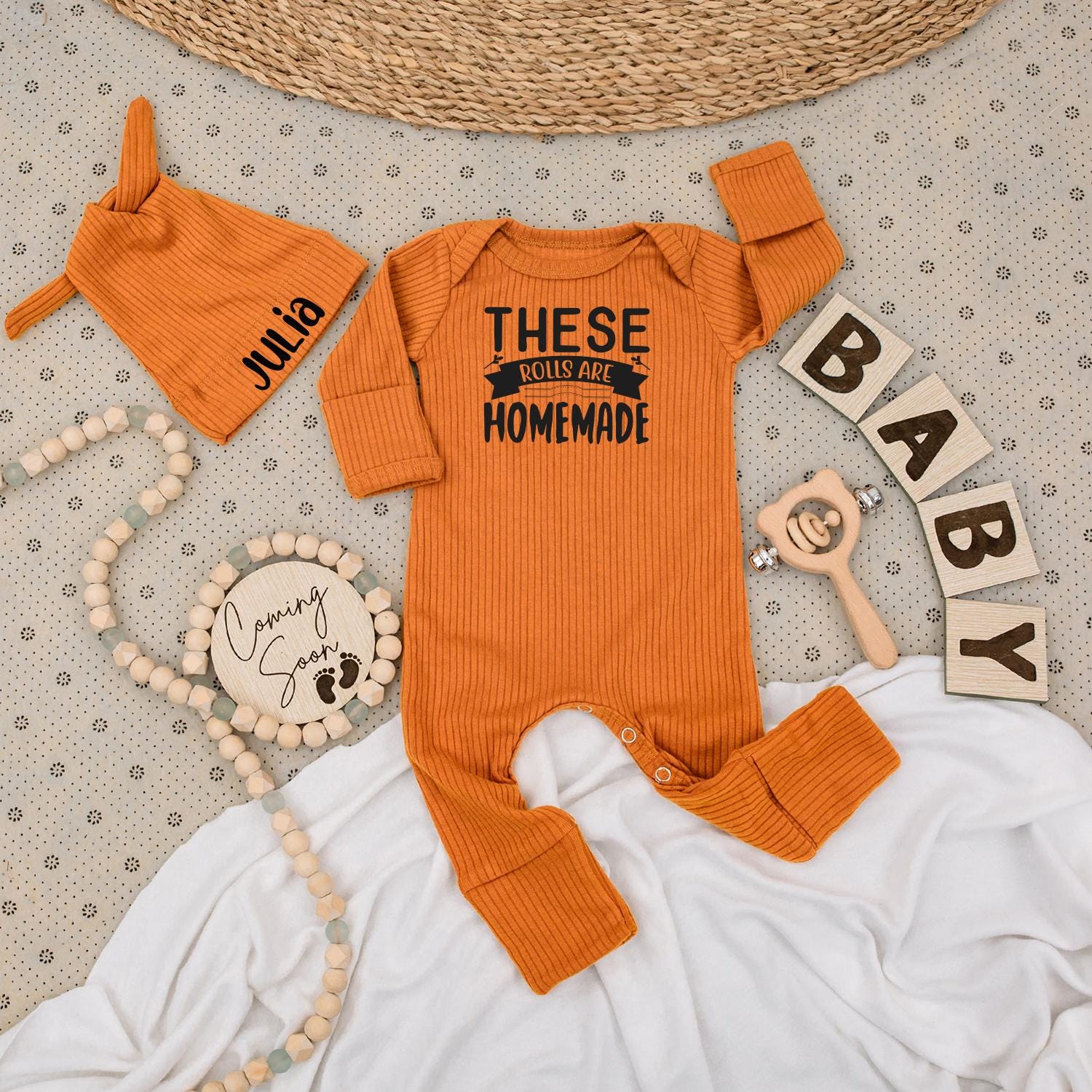 Personalized These Rolls Are Homemade Baby Bodysuit & Hat Set Julia Name Newborn Coming Home Outfit Gift Cute Announcement Soft Cotton Unisex Clothes