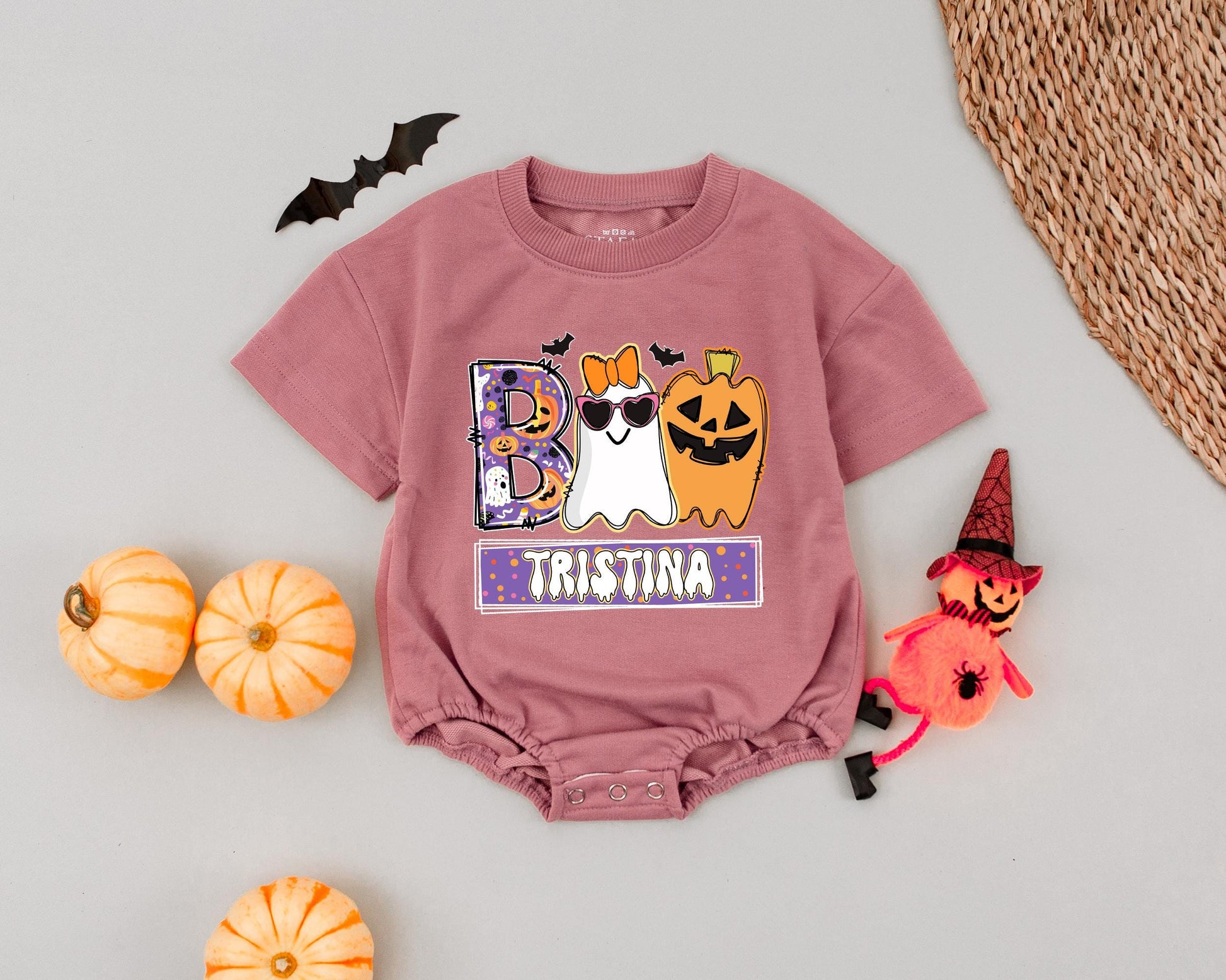 Custom Tristina Boo Romper, Spooky Cute Halloween Ghost Baby Bodysuit, Personalized Fall Outfit for Baby Girl, Funny Cartoon Halloween Baby Shower Gift (139 chars)