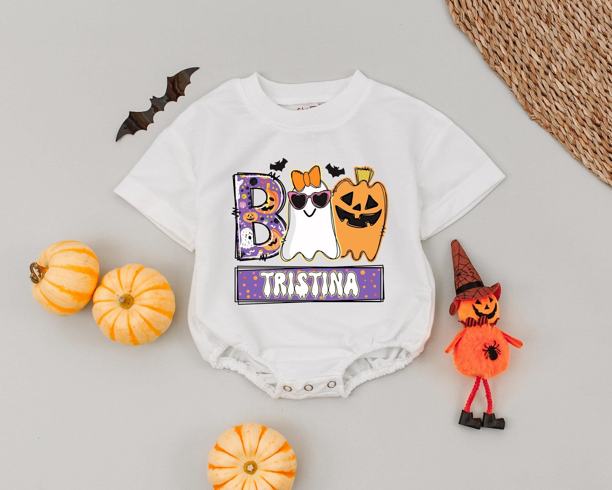 Custom Tristina Boo Romper, Spooky Cute Halloween Ghost Baby Bodysuit, Personalized Fall Outfit for Baby Girl, Funny Cartoon Halloween Baby Shower Gift (139 chars)