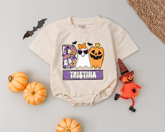 Custom Tristina Boo Romper, Spooky Cute Halloween Ghost Baby Bodysuit, Personalized Fall Outfit for Baby Girl, Funny Cartoon Halloween Baby Shower Gift (139 chars)
