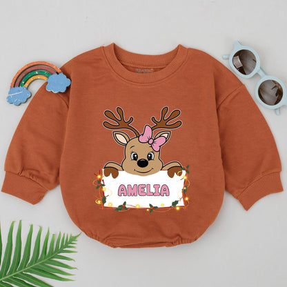 Personalized Amelia Reindeer Romper, Christmas Outfit, Baby's 1st Xmas, Cute Holiday Romper, Girls Boys Newborn Shower Gift, Holly Lights 139 chars