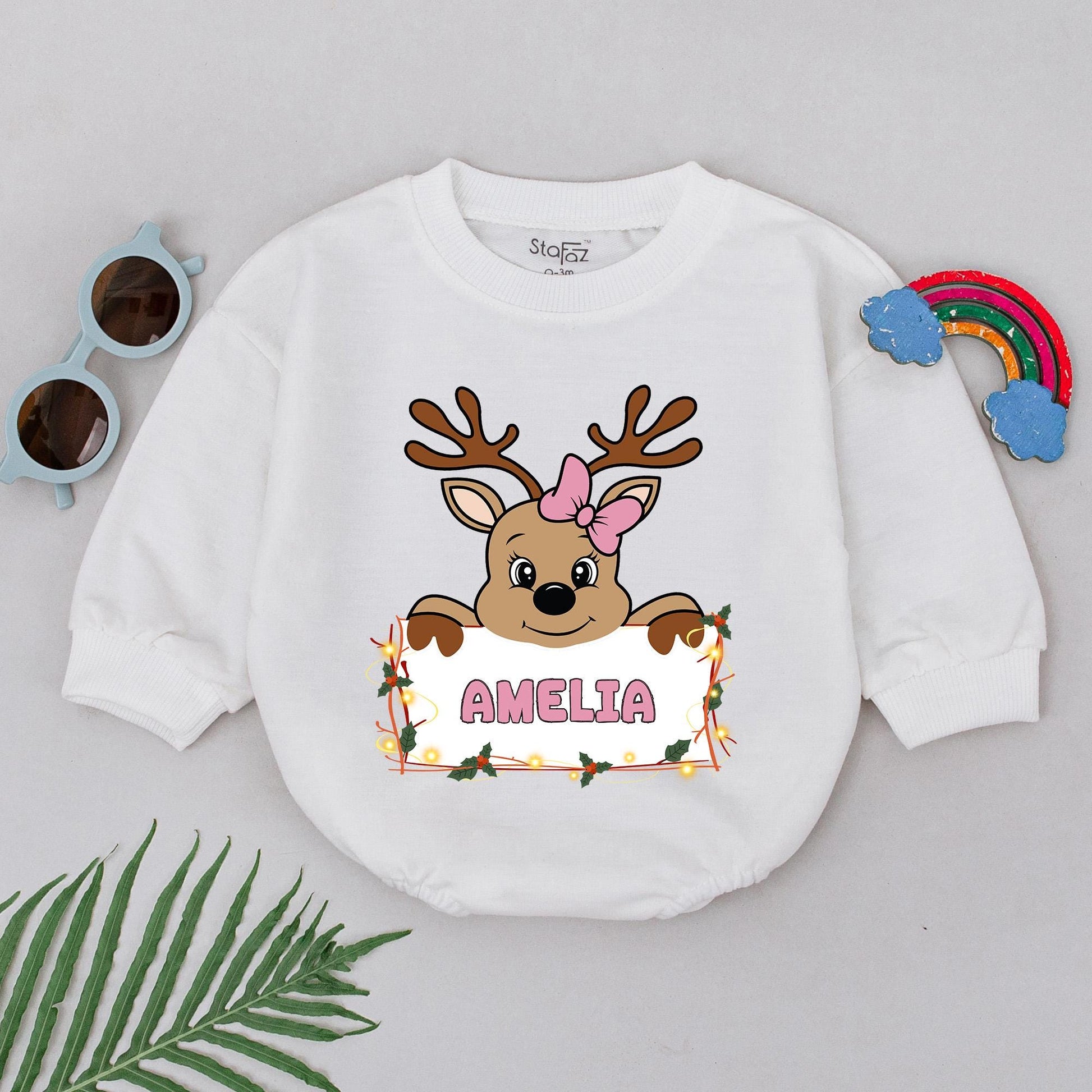 Personalized Amelia Reindeer Romper, Christmas Outfit, Baby's 1st Xmas, Cute Holiday Romper, Girls Boys Newborn Shower Gift, Holly Lights 139 chars