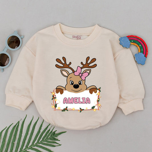 Personalized Amelia Reindeer Romper, Christmas Outfit, Baby's 1st Xmas, Cute Holiday Romper, Girls Boys Newborn Shower Gift, Holly Lights 139 chars