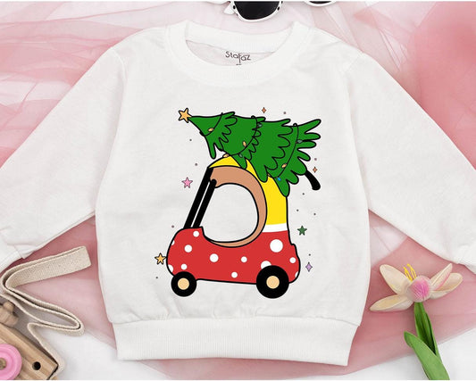 Baby's Retro Car Christmas Sweatshirt: Polka Dot Car with Tree & Stars, Toddler Holiday Gift, Family Matching Outfit