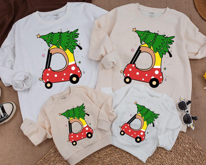 Baby's Retro Car Christmas Sweatshirt: Polka Dot Car with Tree & Stars, Toddler Holiday Gift, Family Matching Outfit