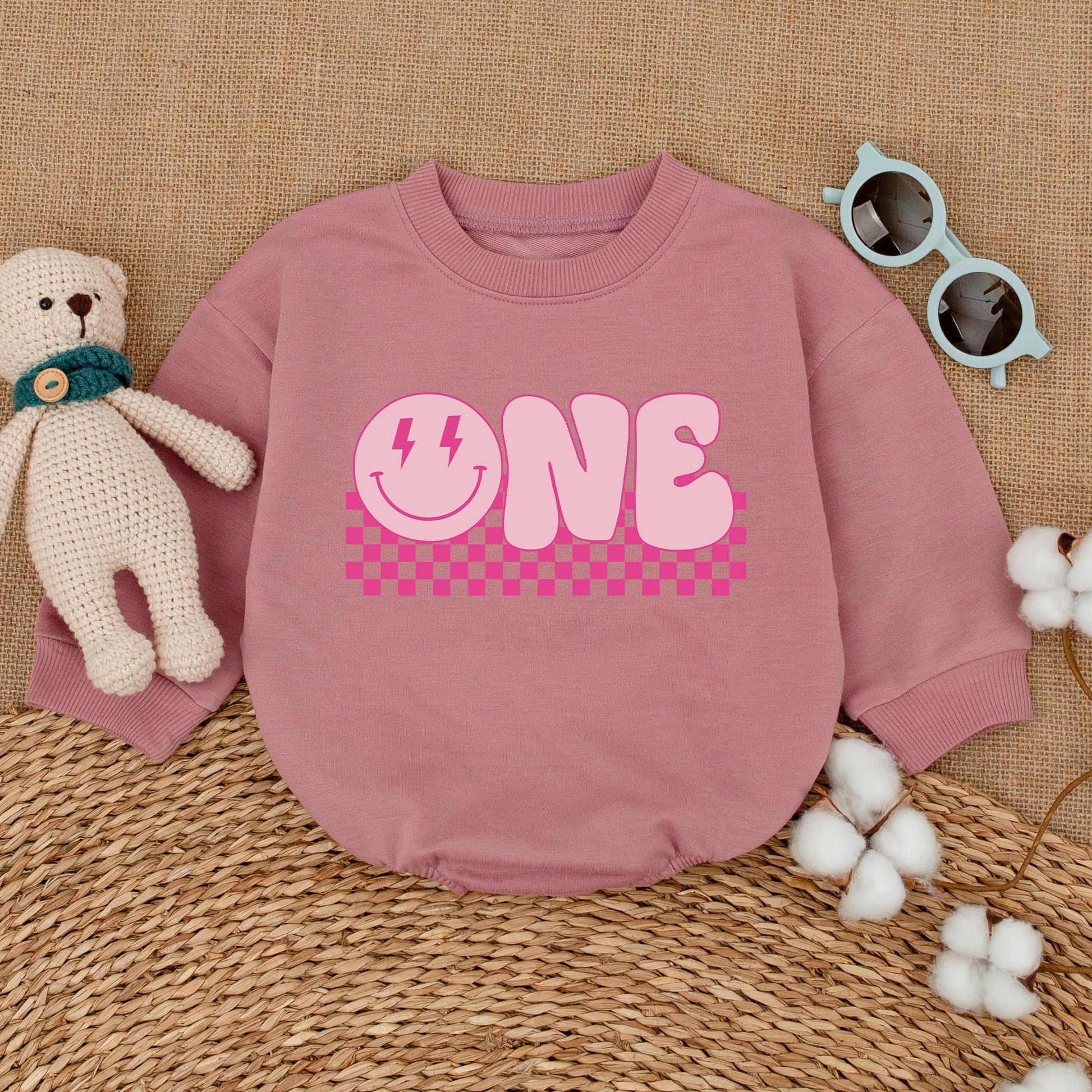 Pink First Birthday Romper with Happy Face Lightning Eyes ONE Bubble Font Cute Baby Girl Cake Smash Outfit Bodysuit Gift