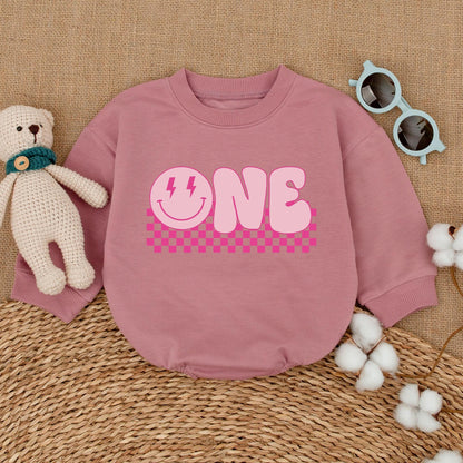 Pink First Birthday Romper with Happy Face Lightning Eyes ONE Bubble Font Cute Baby Girl Cake Smash Outfit Bodysuit Gift