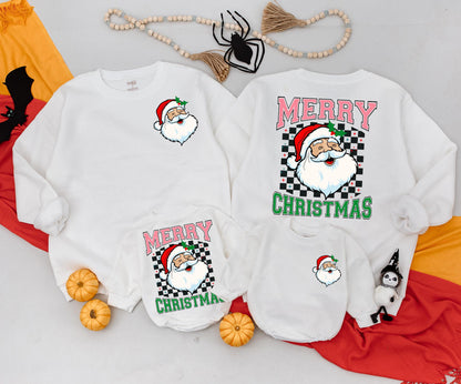 Matching Merry Christmas Santa Sweatshirt Toddler Baby Outfit, Retro Xmas Gift, Red Green White Black Colors, Cute Baby Newborn Clothing