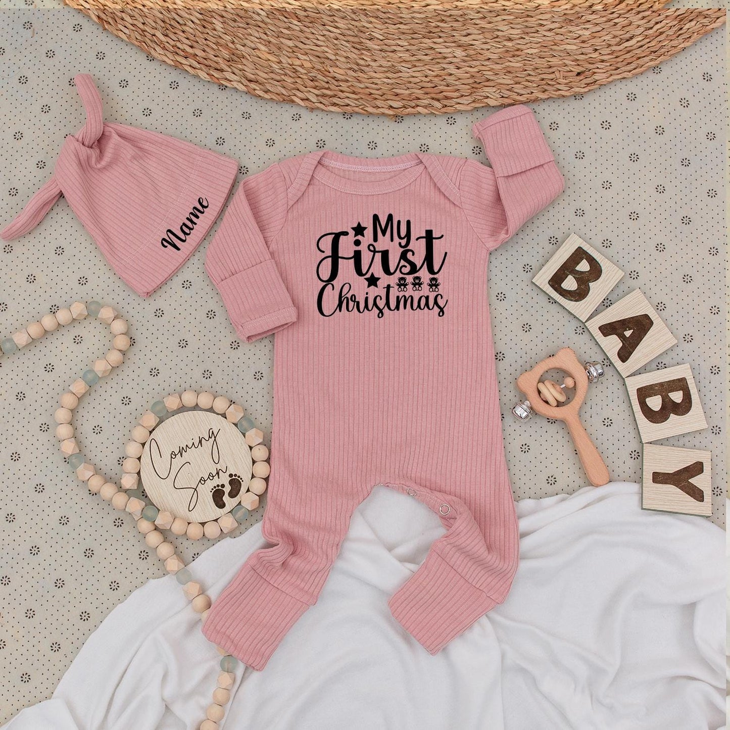 My First Christmas Baby Long Sleeve Romper Black Print Teddy Bear Star Design Soft Going Home Outfit for Newborn Boys Girls Gender Neutral Holiday Gift