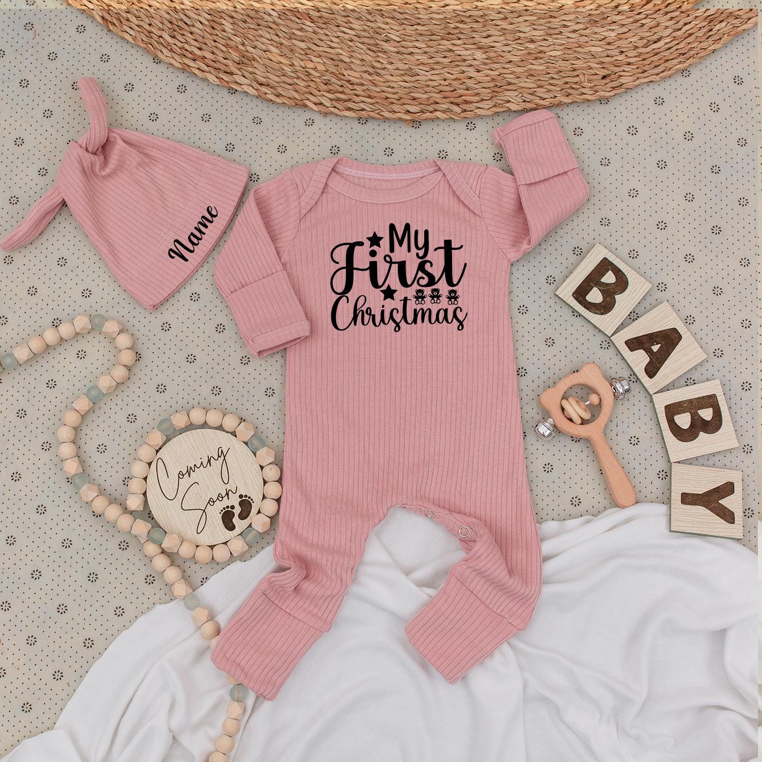 My First Christmas Baby Long Sleeve Romper Black Print Teddy Bear Star Design Soft Going Home Outfit for Newborn Boys Girls Gender Neutral Holiday Gift