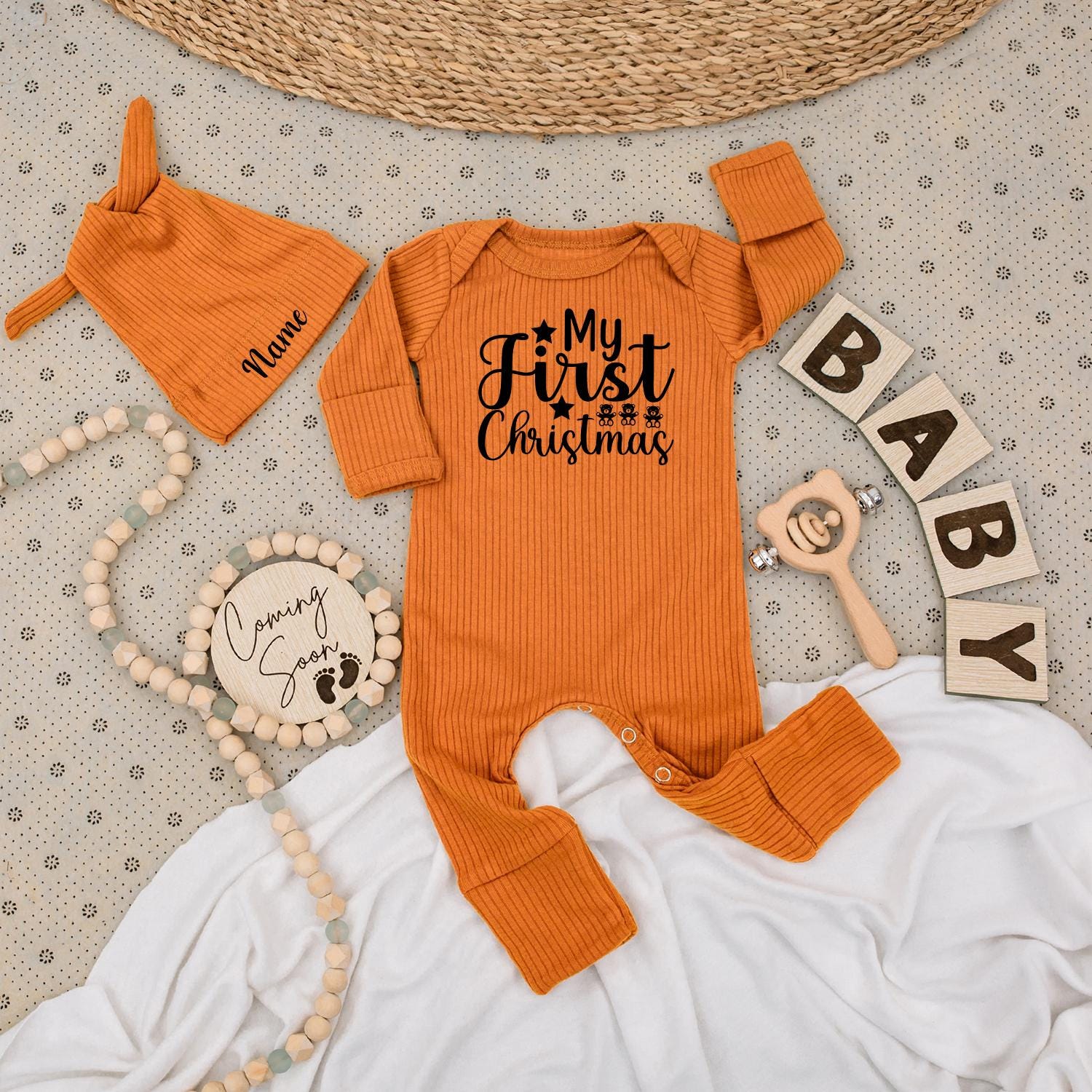 My First Christmas Baby Long Sleeve Romper Black Print Teddy Bear Star Design Soft Going Home Outfit for Newborn Boys Girls Gender Neutral Holiday Gift