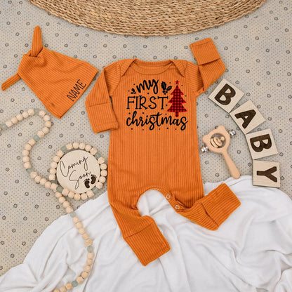 Baby's First Christmas Romper Joyful Holly Stars Buffalo Plaid Tree Outfit for Newborns