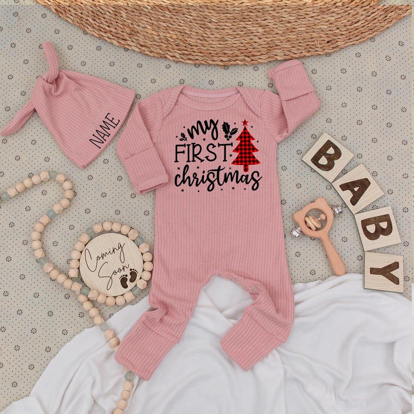 Baby's First Christmas Romper Joyful Holly Stars Buffalo Plaid Tree Outfit for Newborns