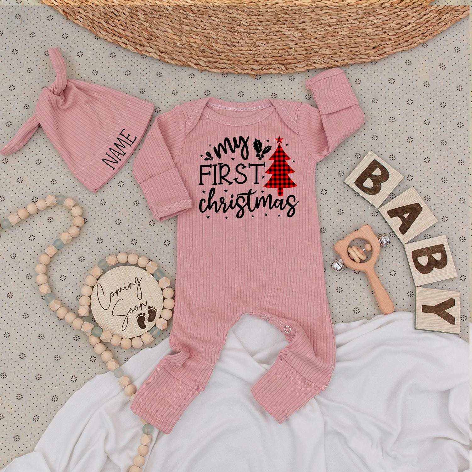 Baby's First Christmas Romper Joyful Holly Stars Buffalo Plaid Tree Outfit for Newborns