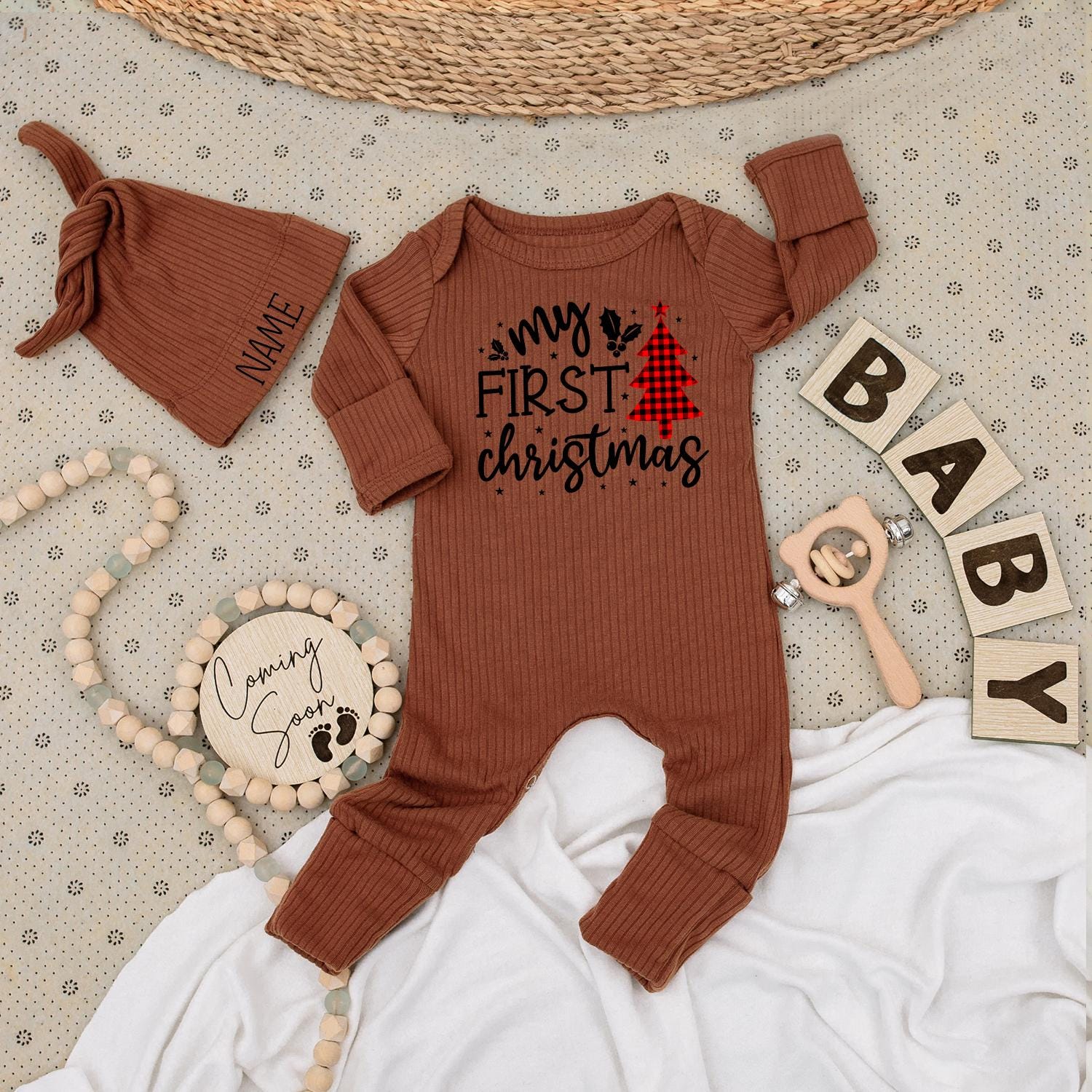 Baby's First Christmas Romper Joyful Holly Stars Buffalo Plaid Tree Outfit for Newborns