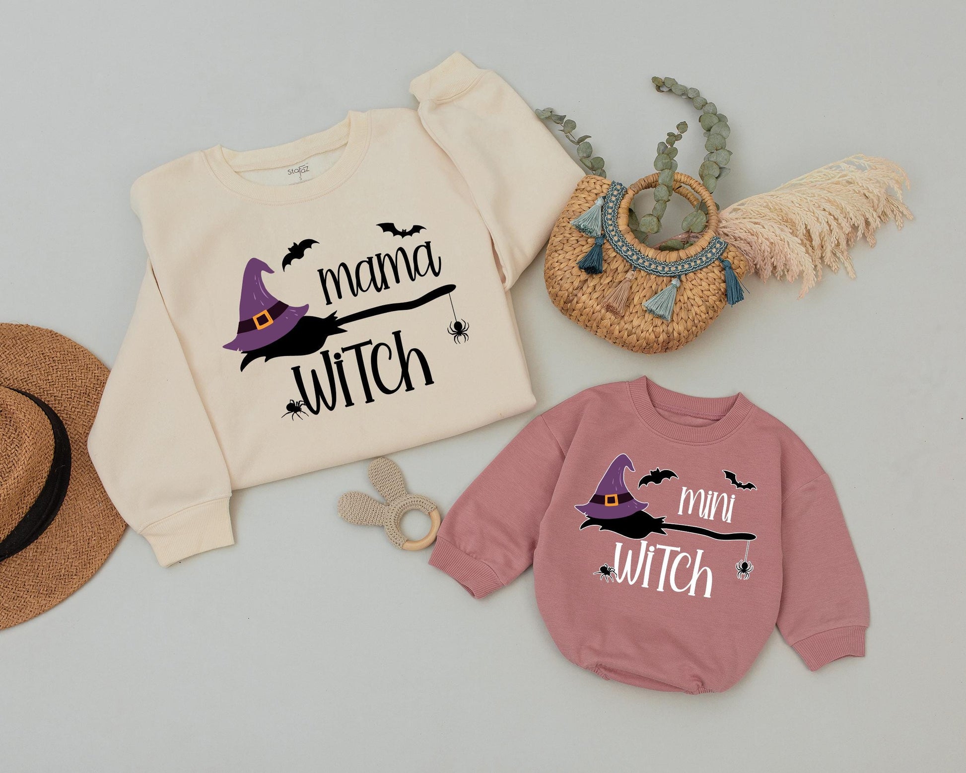 Mama Witch & Mini Witch Retro Halloween Matching Sweatshirts  