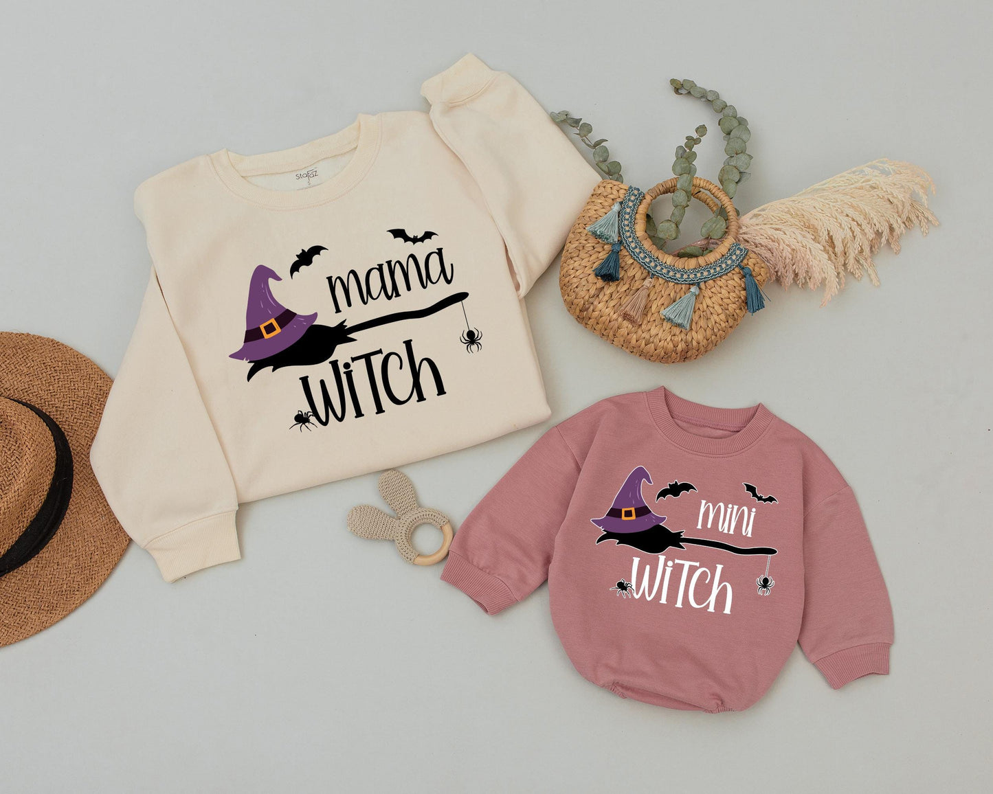 Mama Witch & Mini Witch Retro Halloween Matching Sweatshirts  