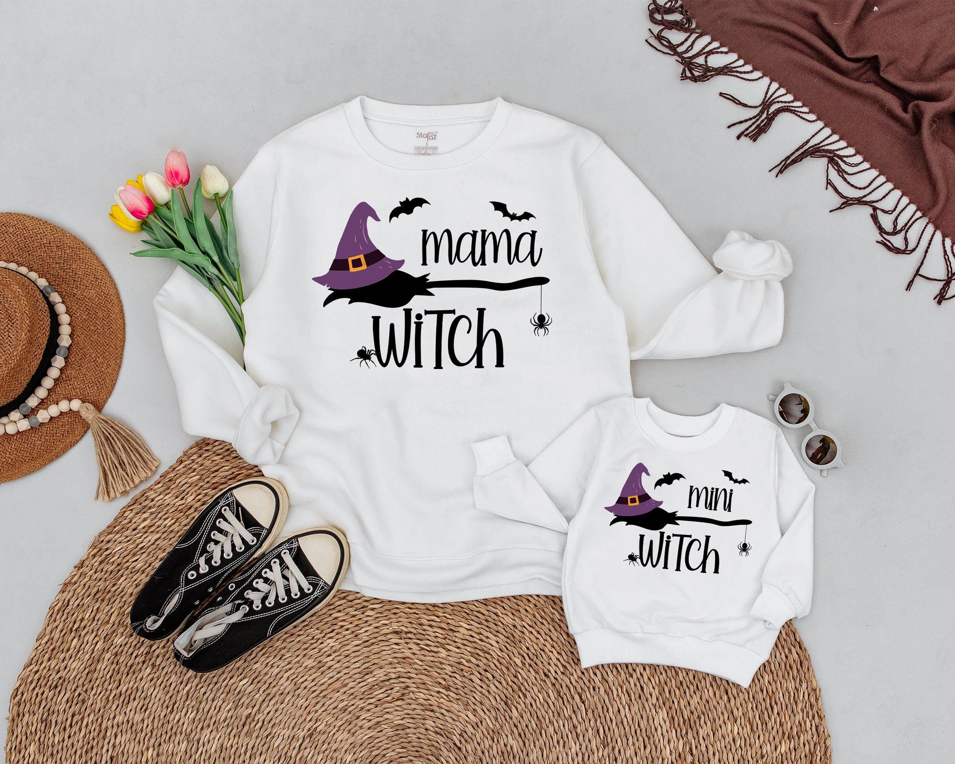 Mama Witch & Mini Witch Retro Halloween Matching Sweatshirts  