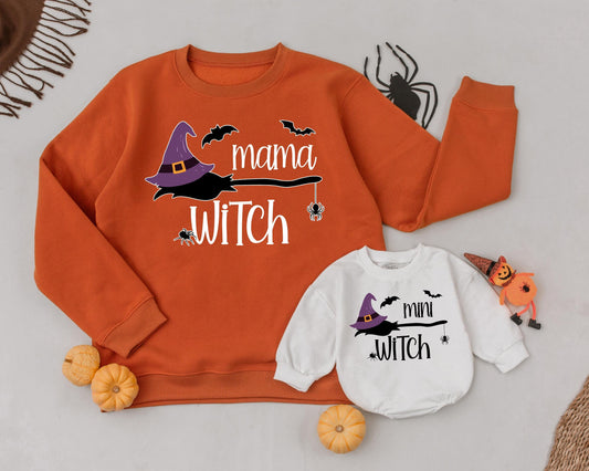 Mama Witch & Mini Witch Retro Halloween Matching Sweatshirts  