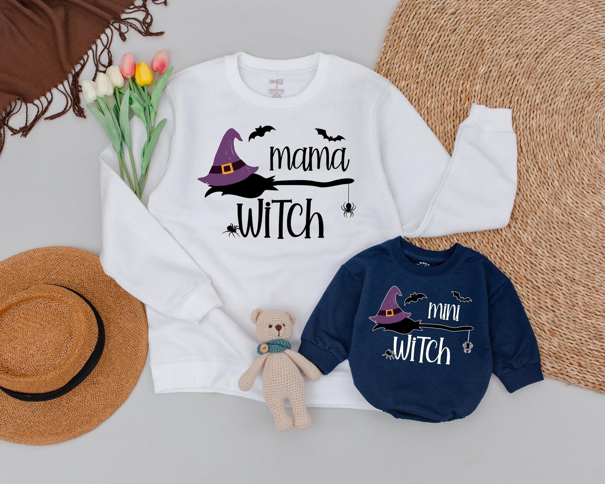 Mama Witch & Mini Witch Retro Halloween Matching Sweatshirts  