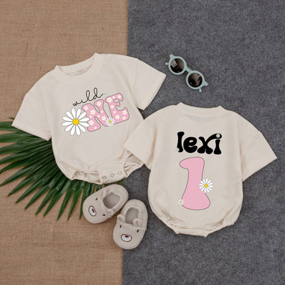 Wild One Daisy Romper First Birthday Outfit Pink Theme Bubble Romper Girl Birthday Outfit