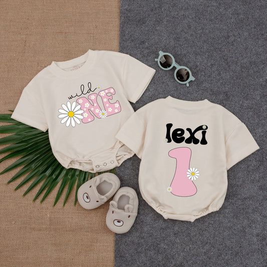 Wild One Daisy Romper First Birthday Outfit Pink Theme Bubble Romper Girl Birthday Outfit