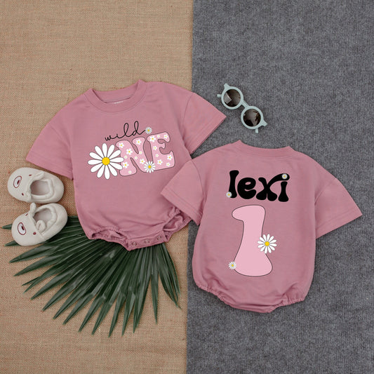 Wild One Daisy Romper First Birthday Outfit Pink Theme Bubble Romper Girl Birthday Outfit