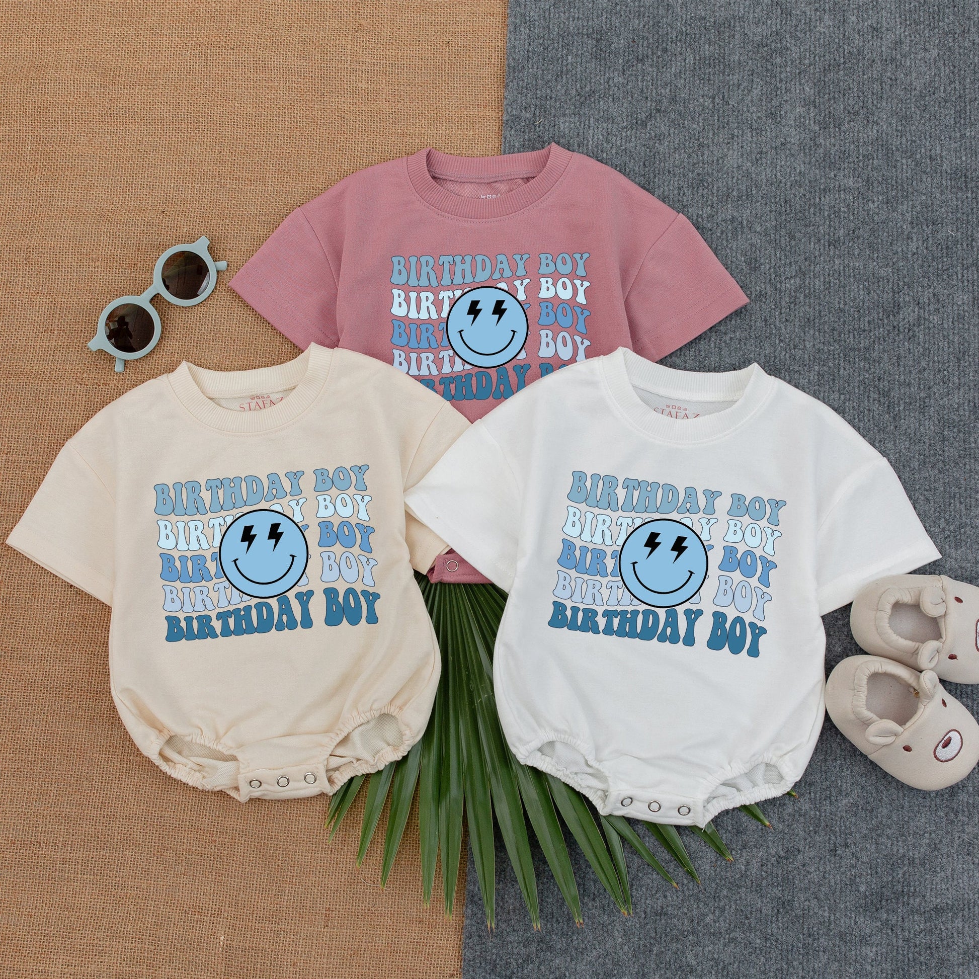 Birthday Boy Blue Smiley Face Romper First Birthday Outfit for Baby Boy with Custom Name Option