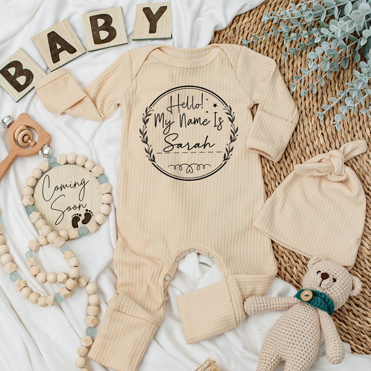 Hello Sarah Baby Bodysuit Personalized Name Baby Girl Boy Outfit Custom Wreath Stars Flourishes Newborn Gift