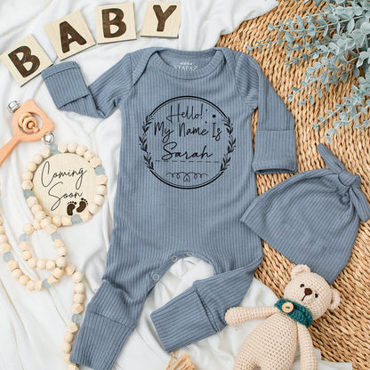 Hello Sarah Baby Bodysuit Personalized Name Baby Girl Boy Outfit Custom Wreath Stars Flourishes Newborn Gift