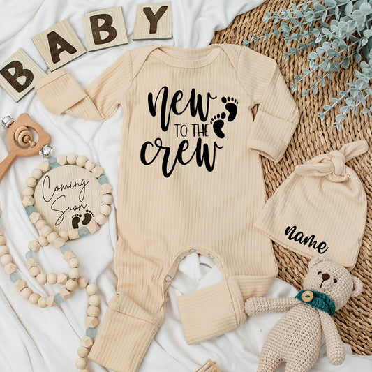 Personalized New to the Crew Baby Bodysuit Set & Hat, Newborn Going Home Outfit, Custom Name, Baby Shower Gift, Newborn Outfit
