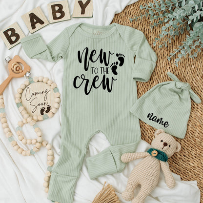 Personalized New to the Crew Baby Bodysuit Set & Hat, Newborn Going Home Outfit, Custom Name, Baby Shower Gift, Newborn Outfit