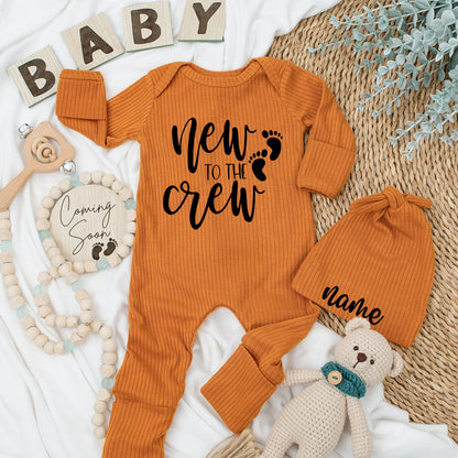 Personalized New to the Crew Baby Bodysuit Set & Hat, Newborn Going Home Outfit, Custom Name, Baby Shower Gift, Newborn Outfit