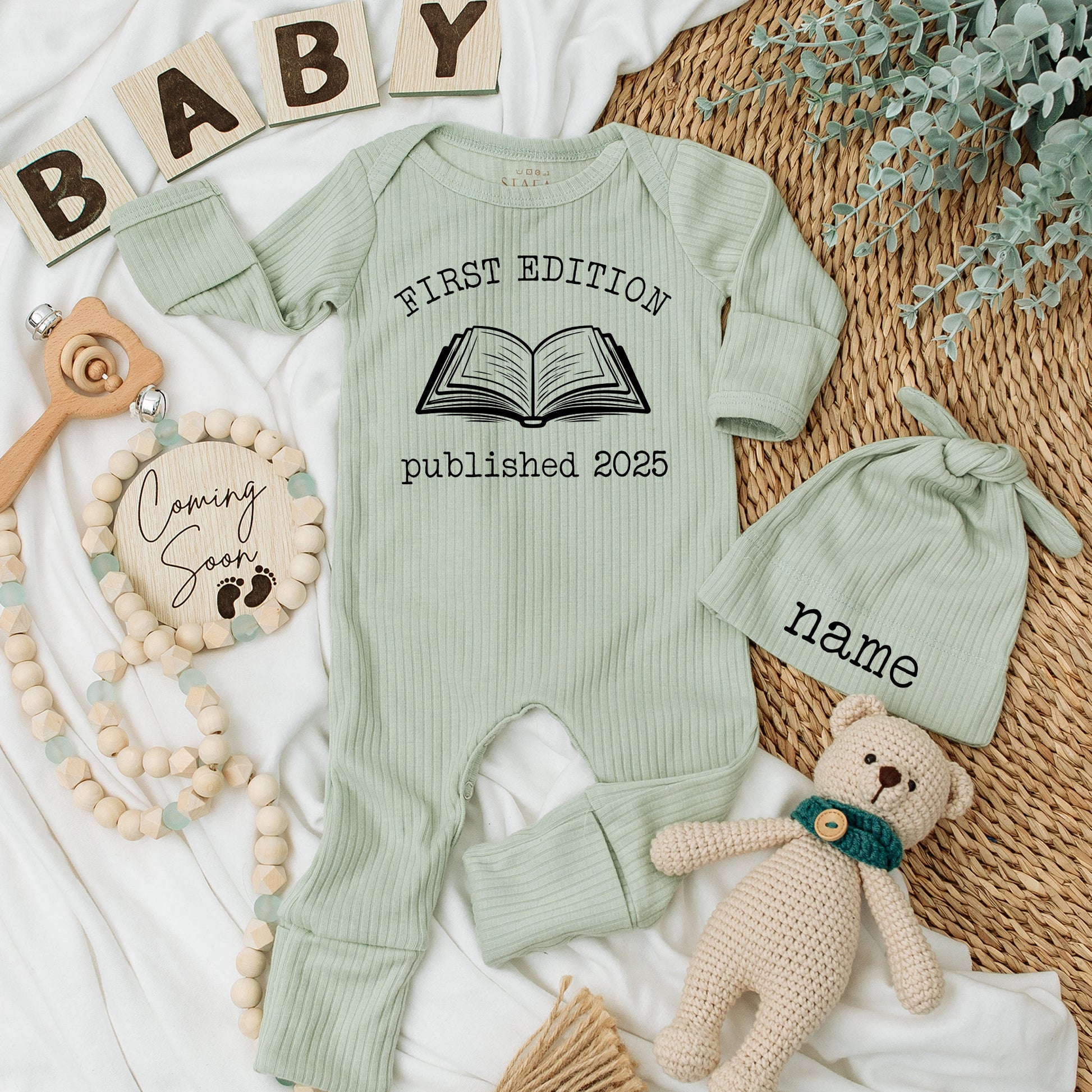 First Edition Baby Bodysuit & Matching Hat Set, Published 2025, Vintage Book Design, Baby Announcement, First Edition Baby Outfit, Bookish Baby Gift