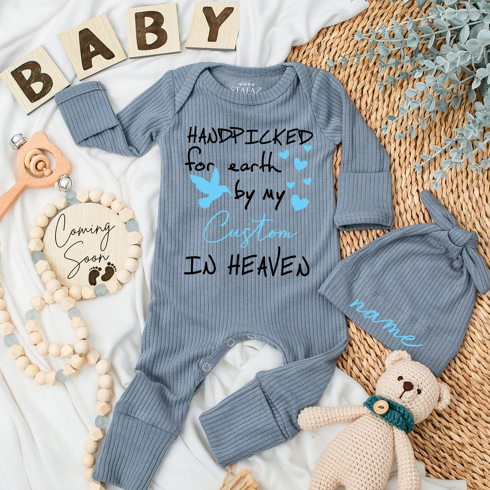 Handpicked for Earth by My Great Grandpa Grandma in Heaven Baby Bodysuit Newborn Pregnancy Announcement Gift Sentimental Blue Hearts