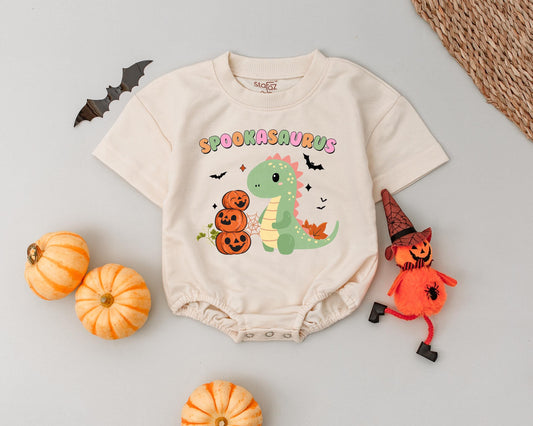 Spookasaurus Romper: Cute Retro Dinosaur Halloween Outfit for Babies