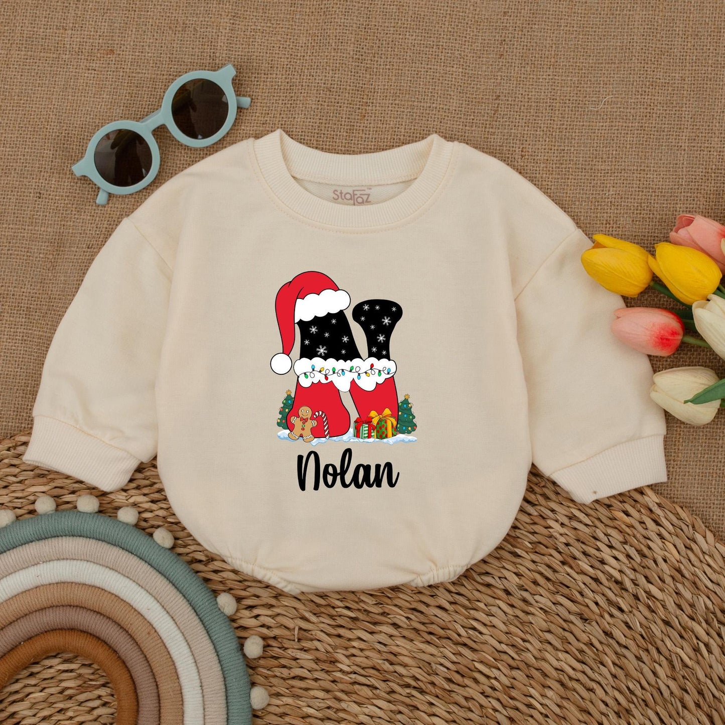 Personalized First Christmas Romper, Baby Bodysuit, Winter Outfit