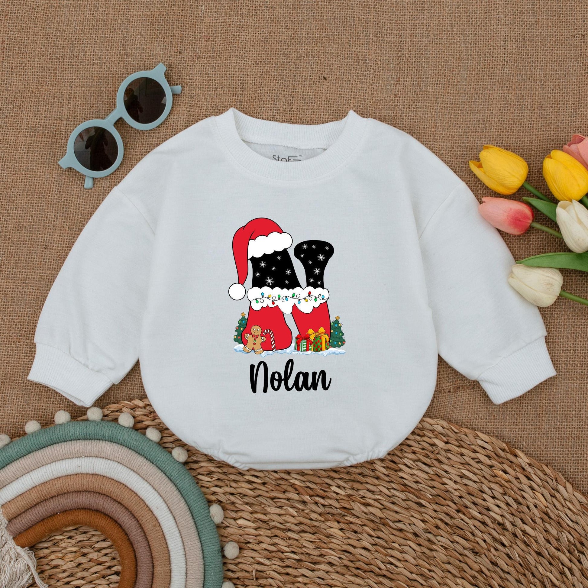 Personalized First Christmas Romper, Baby Bodysuit, Winter Outfit