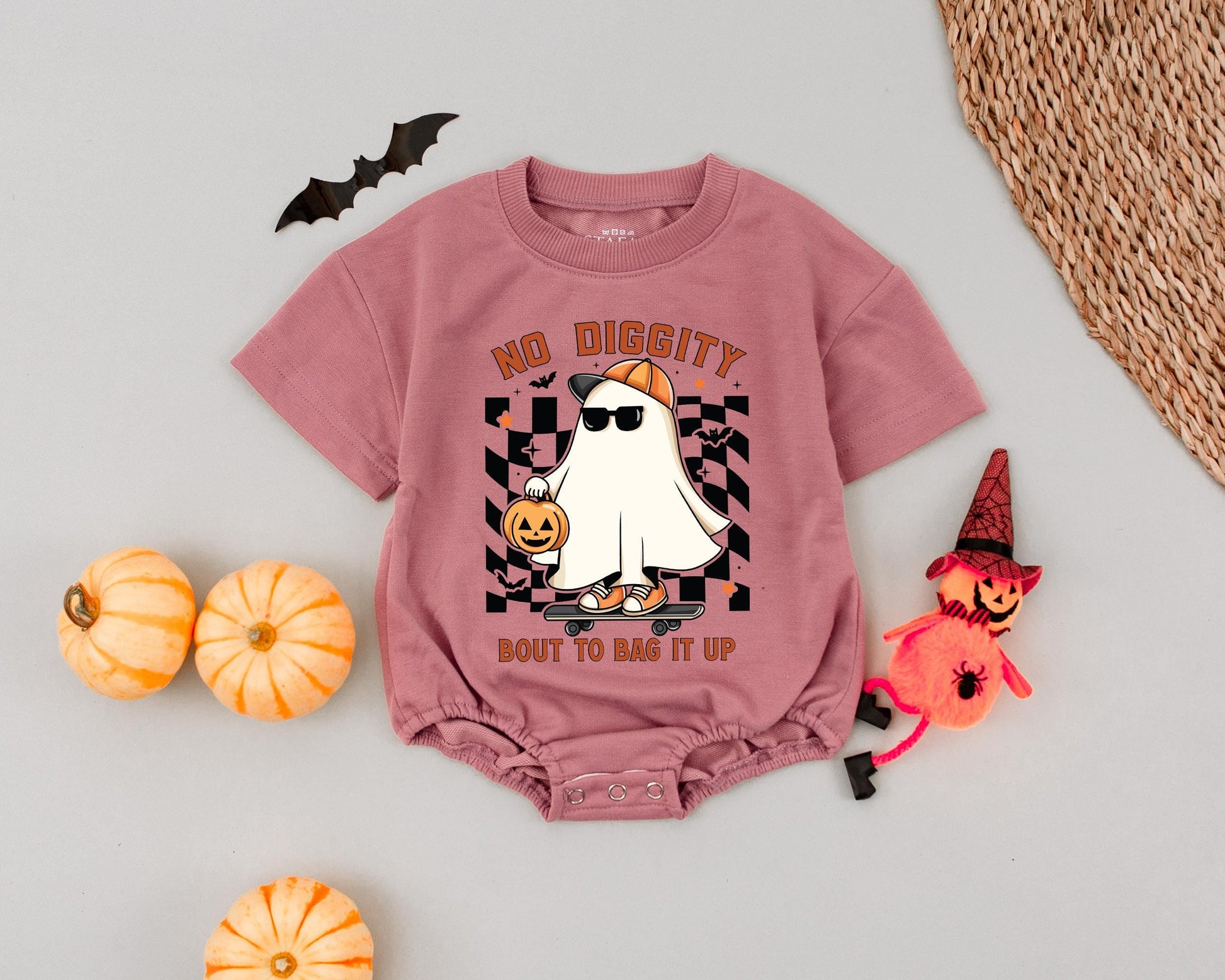 Spooky Dude First Halloween Romper: Cool Ghost on Skateboard with Pumpkin Outfit, Funny Retro Boys Girls Costume "NO DIGGITY" Baby Outfit 1st Halloween