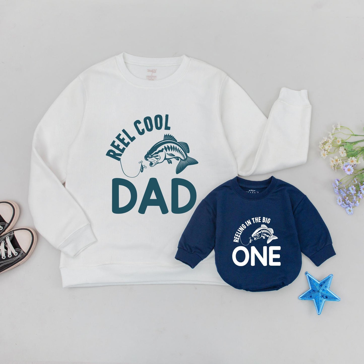 First Birthday Fishing Outfit Set: Bass Romper & Family Tees